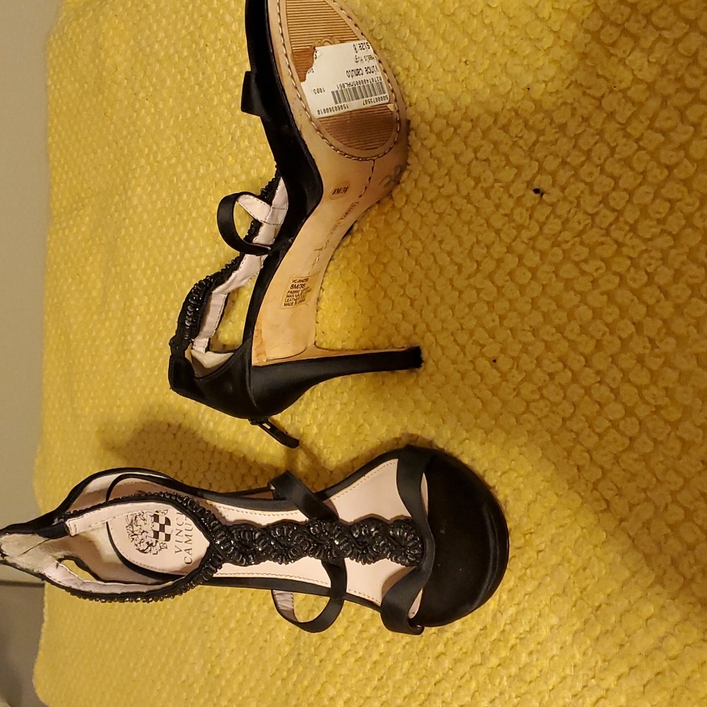 Vince Camuto black satin open toe 4 inch heels with back zipper. Size 8